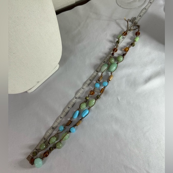 Boho cord necklace with sea glass vibes of blue and green beads - Picture 3 of 5
